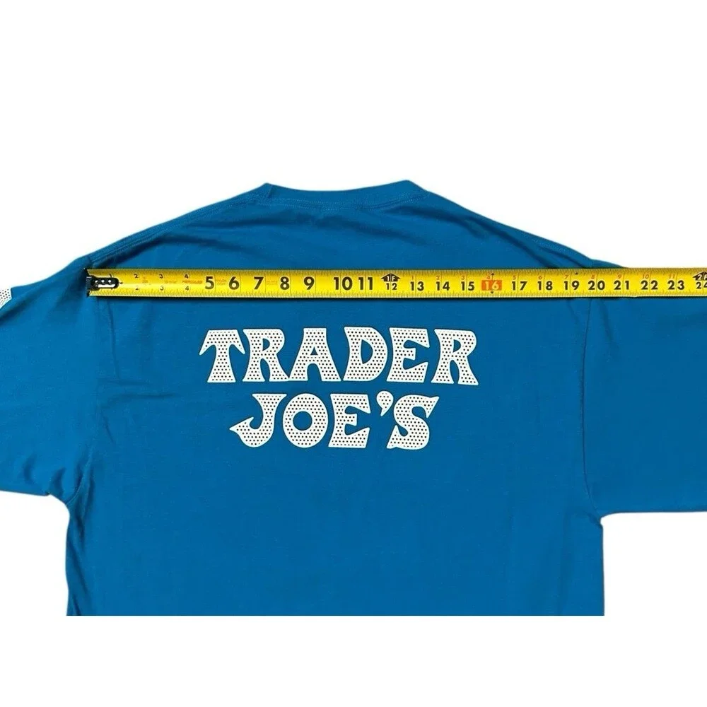 Trader Joes T-shirt L torquoise blue grocery store employee crew market